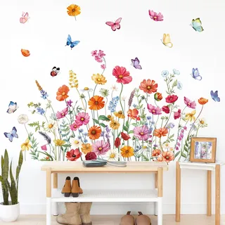 Fufuquare Entfernbare Vinyl Botanische Gänseblümchen Wandtattoo Wilde Blumen Schmetterlinge Blumen Wandaufkleber für Badezimmer Schlafzimmer Wohnzimmer