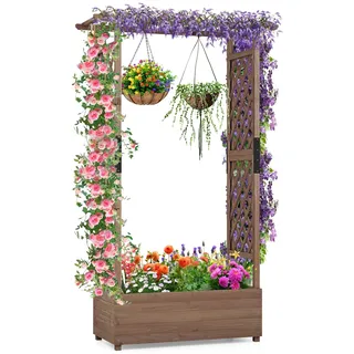 COSTWAY Blumenkasten mit Rankgitter & hängendem Dach, Pflanzkasten mit Rankhilfe, Hochbeet für Kletterpflanzen & hängende Körbe, für Hof Garten Terrasse, Pflanzkübel Holz, Braun (110x44x182cm)