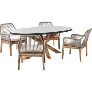 BELIANI Gartentisch mit 4 Geflecht-Stühlen Grau u. Beige Beton Akazienholz-Gestell Rustiklaler Look Gartenausstattung Gartenmöbel Garten und Terrasse - Grau, Beige, Braun