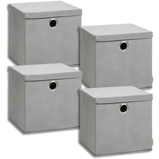 Storanda | 4er Set Aufbewahrungsbox 34x34x33 cm mit Deckel | Extra Große Griffe | Stabil & Faltbar | Regalbox für Würfelregal | Ideal für Zuhause & Kinderzimmer | Grau