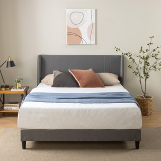 Zinus Sasha Bed 100x200 cm - Höhe 25 cm - Gepolsterter Plattform Bettrahmen mit Wingback Kopfteil und Bambus Lattenrost - Mittelgrau