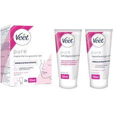 Veet Pure Haarentfernungscreme-Set Gesicht - Für Oberlippe, Wangen & Augenbrauen, normale Haut - 50 ml Enthaarungscreme, 50 ml Pflegecreme & Spatel