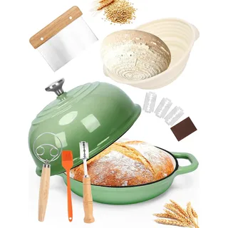 GFTIME Gusseisen Topf Brot Backen, Schmortopf Gusseisen Topf mit Deckel, Dutch Oven Brotbacktopf mit Gärkorb Einschneider Teigmischer Brotbackform für Schmoren, Braten, Sauerteig Starter Set,Grün