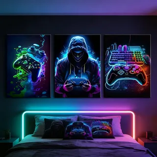 Xiyocadt 3 Stück Gaming Poster, Gamer Poster, Cooles Neon Spiel Thema Jungenzimmer Wandbilder, Gaming Bilder für Teenagerzimmer & Gamer Nischenräume, Ungerahmt (50 x 70 cm)