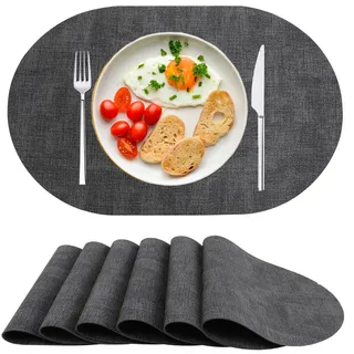 Platzsets Abwaschbar Tischsets 6er Set PU-Leder, Hitzebeständig, rutschfest, Platzset für Esstisch, Küche Oval Schwarz