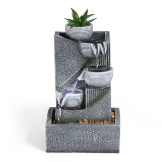 Dyna-Living Zimmerbrunnen Tischbrunnen mit Rollender Kugel | Schlichter Tisch,Wasserfall Brunnen fürs Wohnzimmer aus Harz, mit Weißen LEDs und Abnehmbarer Pflanzendekoration, Hellgrau