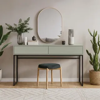BEAUTYSOFA | GIANA Schminktisch 137 cm, Eukalyptus, Frisiertisch grifflos mit 2 Schubladen, Kosmetiktisch modern Konsole, Push-to-Open, Metallgestell - Grün, Olive