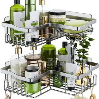 HapiRm Duschablage,Duschablage Ecke Duschregal Ohne Bohren Duschkorb mit 11 Haken Seifenschale und Rasiererhalter,Rostfrei,Badregal für Badezimmer Küche Dusche,6 Selbstklebend