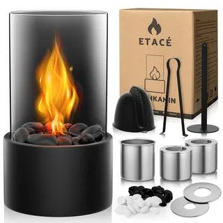 Tischkamin mit 2 Farben Deko Steinenmit, Tischfeuer Set für Indoor mit 2 Brennkammern für 4H Brenndauer, Bio Ethanol Kamin für Indoor & Outdoor, Balkon Wohnung Deko, Erstellen Romantische Ambiente