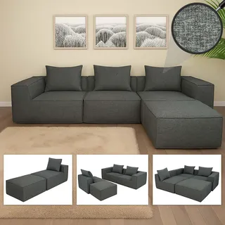 Mendler L-Sofa HWC-O54, Lounge-Couch mit Ottomane, erweiterbar modular rechts/links, Stoff/Textil 63x270x190