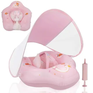 LOOWARTS Aufblasbarer Baby Schwimmring,Swimming Float mit Baldachin und Sicherheitssitz, Baby-Schwimmtrainer|Schwimmhilfe|Floating Ring, mit UPF50+ UV-Schutz. (Rosa, Small (3-12 Monate))