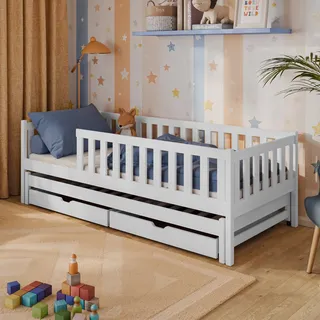 Kinderbett 90x200 mit Ausziehbett und zwei Schubladen, Rausfallschutz und Lattenrost, Kinder Bett | weitere Größen: 80x160, 80x180, 90x190cm | 90x200cm: von 4. bis 18. Lebensjahr, Weiß - Weiß