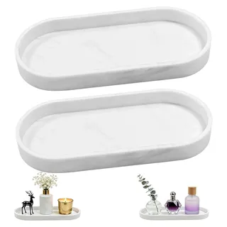 2 Stück Badezimmer Tablett, Deko Ablageschale aus weißer Marmorierung Silikon, 25 x 11 cm oval rechteckige Tabletts, geeignet für Bad, Küche, Schminktische und Wohnzimmer - Weiß
