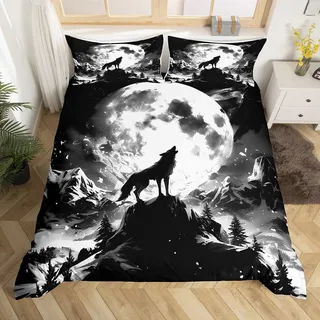 Homewish Moon Wolf Bettbezug 135x200 für Jungen Mädchen Erwachsene,Schwarz-Weiß Wolf Bettwäsche Set Gothic Home Decor,Wild Safari Tiere Tröster Bezug Berg Wolf Bett Set