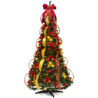 Wintem Schmaler zusammenklappbarer Weihnachtsbaum 150 cm mit 100 integrierten warmen LED-Lichtern, platzsparendes Design, schnelle Montage und einfache Lagerung, ideal für Elegante