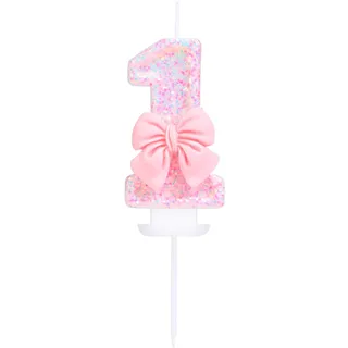 EAKE Geburtstagskerze Nummer 1, rosa Glitzer mit 3D-Schleife, 1 Kerze, Geburtstag, Mädchen, Frauen, pastell, süßes Thema, 1. Geburtstag, Hochzeit, Jahrestag, Party, Kuchendekoration