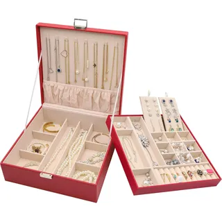 ProCase Schmuckschatulle Damen Leder, Schmuckkästchen mit 2 Ebenen Schmuckkasten Schmuckkoffer Schmuckaufbewahrung Schmuckbox Jewelry Box für Ringe, Ohrringe, Halsketten, Armbänder -Rot