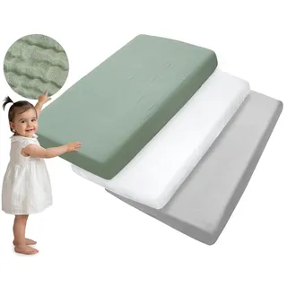 Medi Partners Spannbettlaken Musselin 60x120 3-Pack Baby Bettlaken Kinderbett Spannbetttuch 100% Baumwolle - Musselinlaken Bettwäsche Babymatratze Schlafsack Babybett (Olivgrün-Weiß-Graue)