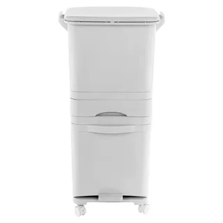 3-fach Mülleimer - Küchen Abfallbehälter - 42 l Volumen - 4 Rollen Davon 2 Mit Bremse - Fußpedal Und Druckknopfdeckel - Standmodell - Weiß