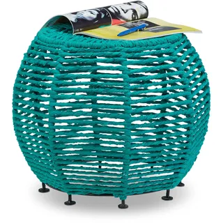 Relaxdays Strick Hocker Shabby Chic, Sitzhocker aus Metall und Stoff, runder Pouf mit Beine HxBxT 35 x 42 x 42 cm, grün