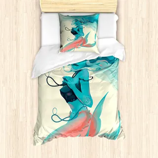 ABAKUHAUS Meerjungfrau Mantele, Gothic Mermaid Portrait, Milbensicher Allergiker geeignet mit Kissenbezügen, 135 cm x 200 cm - 80 x 80 cm, Creme Teal Rosa - Rosa