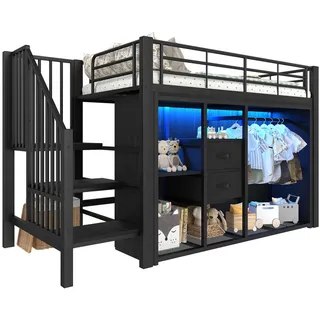Stilvora Hochbett 90/200 cm in Schwarz mit 2 Schubladen, LED und offenem Kleiderschrank , Metall, Holzwerkstoff , 90x200 cm , Babymöbel & Kindermöbel, Kinderzimmer & Jugendzimmer, Kinderbetten, Hochbetten