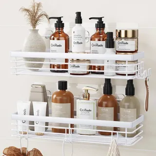 Orimade Duschablage ohne Bohren-Duschregal,Badregal Ohne Bohren Edelstahl | Rostfrei Duschkörbe ohne Bohren für Bad Küche Toilette,Schneller Wasserablauf, Extrem hohe Tragfähigkeit,2 Stück,Weiß