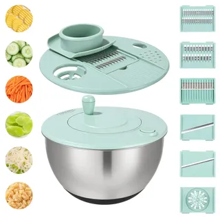 5L Salad Spinner, Salatschleuder mit Deckel mit 6 Klingenschneider und 1 Schneidebrett, Salatschleuder Edelstahl, Verwendet, um Salate, Gemüse, Obst zu Reinigen, zu Trocknen und zu Schneiden