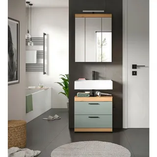 Mid.you Badezimmer , Salbeigrün, Eiche Artisan , Glas, Holzwerkstoff , 2-teilig , 6 Fächer , 2 Schublade(n),2 Schublade(n) Schubladen , G , 60 cm , FSC Mix , stehend , Badezimmer, Badmöbelsets & Badmöbelserien, Badmöbel-Sets