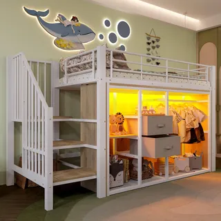 Halbhochbett 90 x 200 cm mit 2 Schubladen, offenem Kleiderschrank, App-LED und mehreren Staufächern, Metall und MDF - Weiß