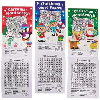 Baker Ross FX331 Wortsuchbücher Weihnachten-8er Pack, Ausmalen, Puzzles und Malen nach Zahlen für Kinder