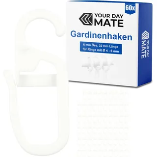 Vorhanghaken für Gardinen Ringe, 60 Stück, mit Ø 6 mm Öse, für Gardinenringe mit 4 bis 6 mm, in Weiß, Gardinenringe Haken zum Einhängen, Faltenlegehaken für Vorhangringe, Vorhang Haken Clip Set