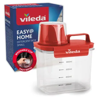 Vileda Waschmittelbox 1100ml rot - Praktische Aufbewahrungsbox für Waschpulver & Flüssigwaschmittel - Inklusive Messbecher für präzises Dosieren - Luftdichte & Platzsparende Waschpulverbox