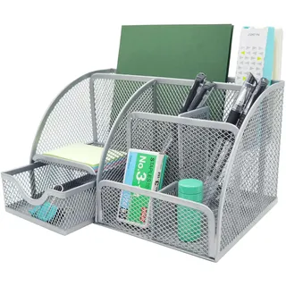 PYJLBX Schreibtisch Organizer, Metall Mesh Stiftehalter Schreibtisch Büro Organizer Bürobedarf, Stiftebox Desk Organizer Stifthalter Tisch Organizer mit Schubladen, für Büro Schule Zuhause (Silber)