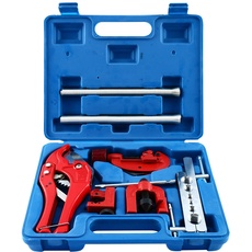FreeTec Bördelgerät Bremsleitung Bördelwerkzeug mit Mini-und PVC Rohrschneider, Schlauchadapter und Rohrbiegegerät, 9-teilig