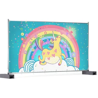 Wallario XXL Outdoor-Poster für Garten oder Balkon, Motiv Lustiges Einhorn auf einer Wolke vor Regenbogen, in ca. 340 x 173 cm - Türkis