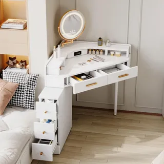 MODFU Eck-Schminktisch Kosmetiktisch mit drehbarem Spiegel und LED-Beleuchtung, Schminkkommode mit Schubladen,USB- und USB-C-Anschlüssen,Weiß - Weiß