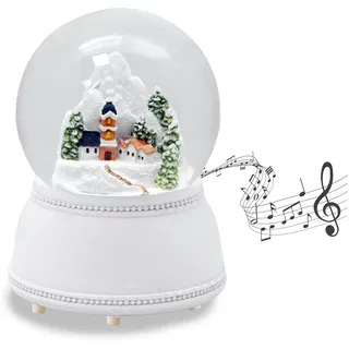 Schneekugel Bergdorf | Sockel weiß nostalgisch | mit Spieluhr | Schüttelkugel Weihnachtsdekoration | B: 10 cm H: 13 cm | 20252