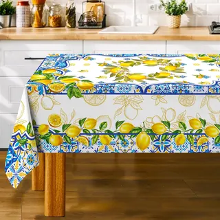 Unibyby Zitronen-Tischdecke, rechteckig, 152,4 x 213,3 cm, Gelb und Blau, mediterrane Sommerdekoration, Fliesen-Blumenmuster, Tischdecke, italienisches Thema, Dekoration für Party, längliche