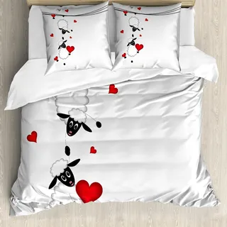 ABAKUHAUS Tier Bettbezug Set, Schaf Paare Mit Den Herz Formen In Der Liebe, Spaß Lustigen Karikatur Kunst Hängt, 155 x 220 cm + 80 x 80 cm, Schwarz Weiß Rot