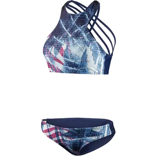BECO Damen Bikini Set Beco Damen Bikini Set sportlicher High Neck Schnitt mit gekreuzten Spaghettiträgern, herausnehmbare Pads, A und B Cup (marine/bunt), marine/bunt, 34, 56250