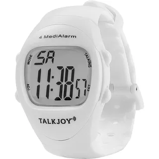 TalkJoy ENGLISCH sprechende Armbanduhr mit 4 Alarmzeiten Wecker weiß, 4 Pillenwecker pro Tag