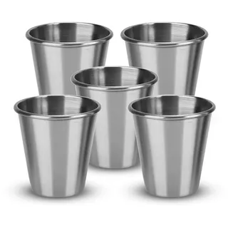 Intirilife 5x Stapelbare Edelstahl Becher in 65 ml - Camping Outdoor Metall Becher Glas Schapsbecher, Schnapsglas- wiederverwendbar, bruchsicher BAP-frei ohne Plastik Barware für Restaurant Bistro Bar