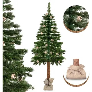 Künstlicher Weihnachtsbaum – 180 cm – mit Holzstamm und Tannenzapfen