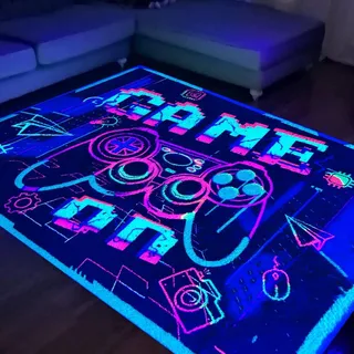HOLAVIDA Neon Spiel Teppiche Gegend, 3D Schwarzlicht UV-Reaktiver Spiel Controller Teppich, rutschfeste Fluoreszierende Bodenmatte, Leuchtet im Dunkeln Spielmatte für Kinder Spielzimmer 180x120cm