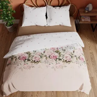 Bettwäsche, Baumwollsatin, Hohe Qualität 160x200 Rosette Rosen, Blumen - Rosa