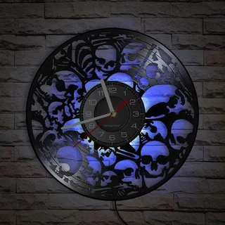 Vinyl-Wanduhr, Totenkopf-Form, mit LED-Nachtlicht-Funktion, Wanduhr, Geschenk für personalisierte Wohnkultur (mehrfarbig)