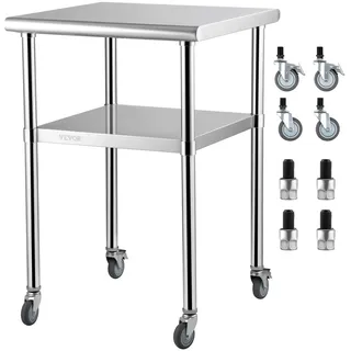 Vevor Kommerzieller Edelstahltisch 61 x 61 x 91,4 cm, Rollbarer Zweilagiger Arbeitstisch Zerlegetisch Gastro 181,4 kg + 91 kg Tragfähigkeit, Gewerbe Küchentisch, Zubereitungstisch Küchenmöbel
