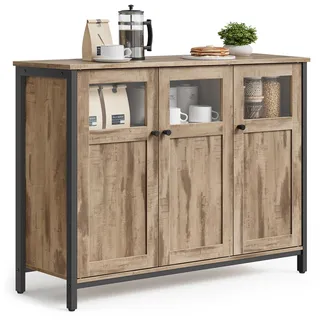 VASAGLE Sideboard, Küchenschrank, Aufbewahrungsschrank, mit Glastüren, für Wohnzimmer, Küche, Esszimmer, Stahlrahmen, Industriestil