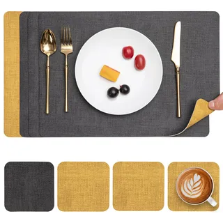 Myir JUN Tischsets Abwaschbar Leder und Untersetzer, Doppelseitigen Platzset rutschfest Platzdeckchen Kunstleder (Grau Gelb, 4er Set)